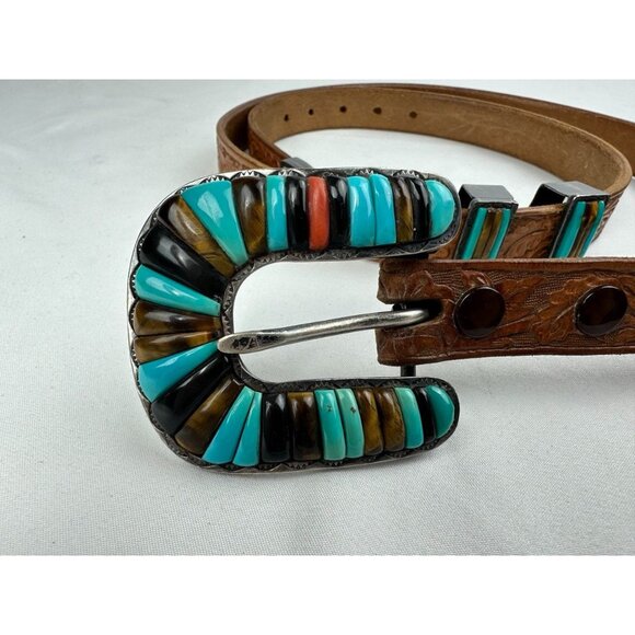Vintage Rare Carlos Eagle Sterling Silver Inlay Buckle Belt Turquoise Coral Tige - Picture 2 of 9